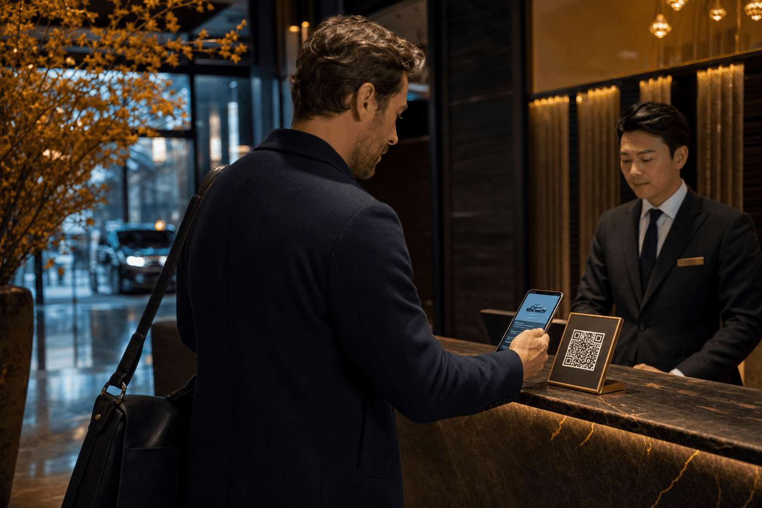 Guest scanning a QR code at a hotel to book on smartphone